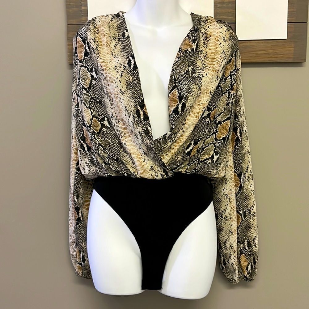 Windsor Silky and Soft Black Snakeskin Body Suit with Plunging Neckline- Small